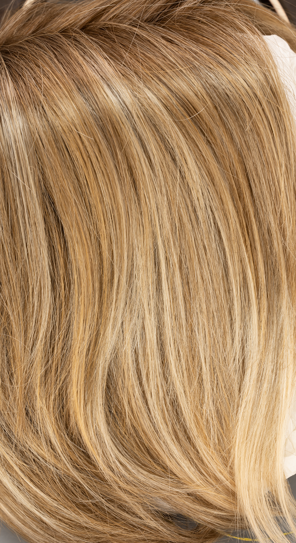 12FS12 Malibu Blonde - Lt Gold Brown, Lt Natural Gold Blonde & Pale Natural Gold-Blonde Blend, w/ Lt Brown Roots