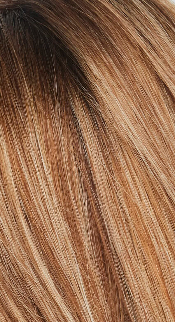 Hazelnut Cream Rooted - Warm golden blond base with soft creamy Auburn highlights and Dark Roots